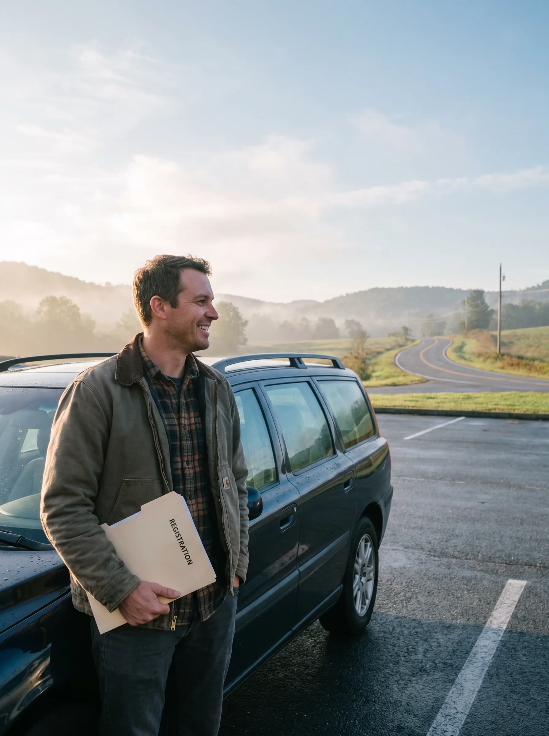 Delivery driver standing by his car in the morning, holding a folder with the vehicle registration papers.