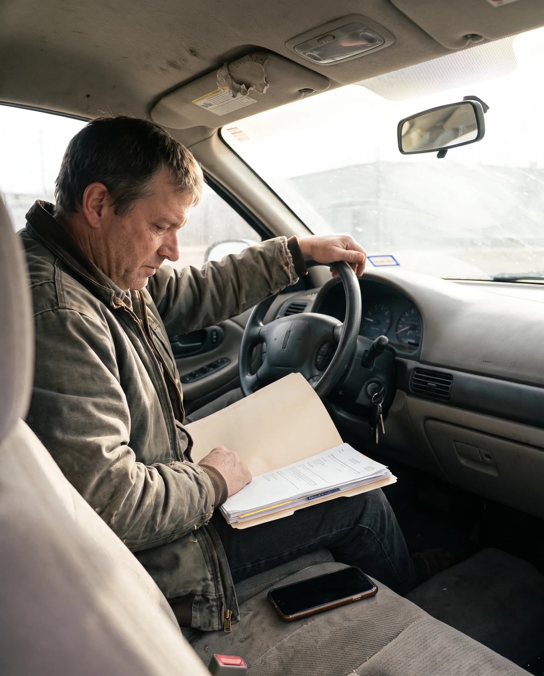 Driver reviewing vehicle documents on his lap in the car, one hand on the steering wheel.