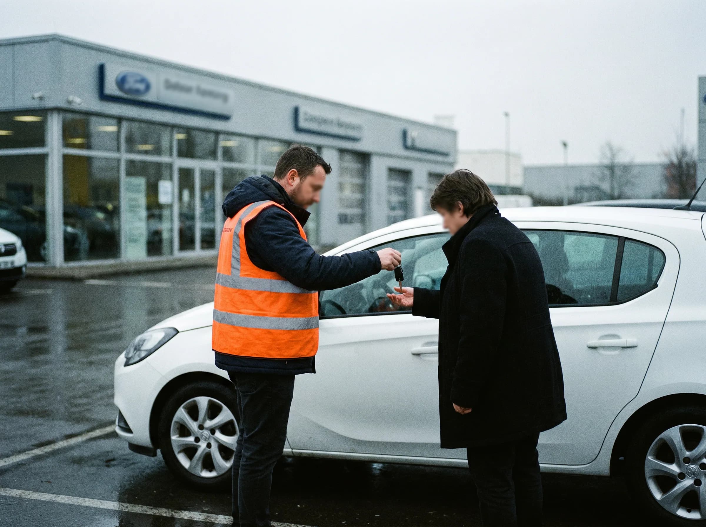 Vehicle handover on a dealership forecourt: driver and customer exchange the keys.